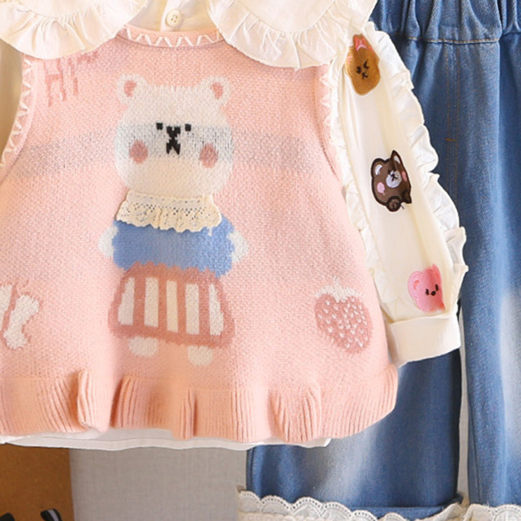 Girls Pink Embroidered Sleeveless Pullover With Top & Denim Pants Set Sets