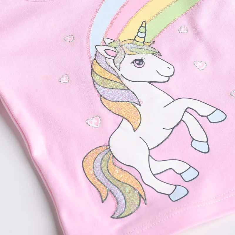 Girls Pink Unicorn Printed T-Shirt With Printed Shorts Sets 2 pc. Sets