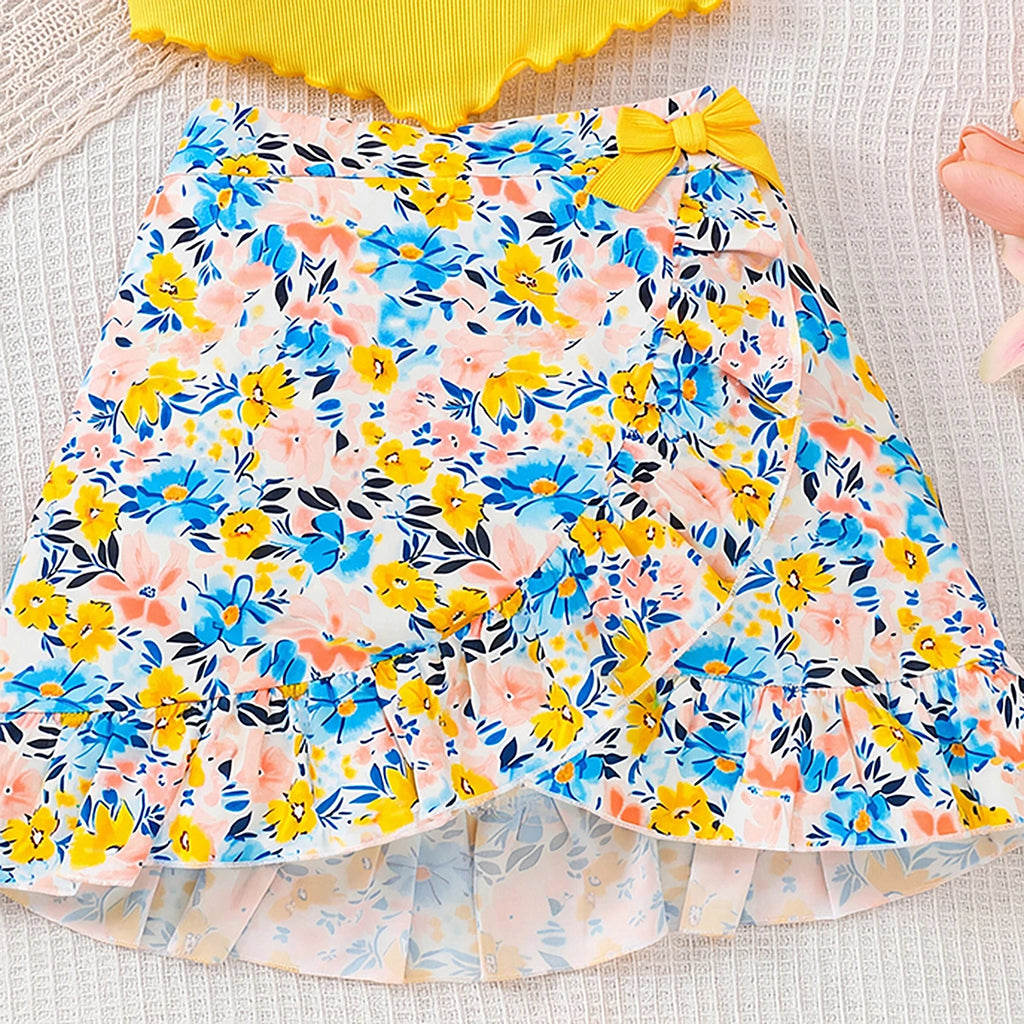 Girls Yellow Sleeveless Ribbed Top With Floral Print Skirt Sets 2 pc. Sets