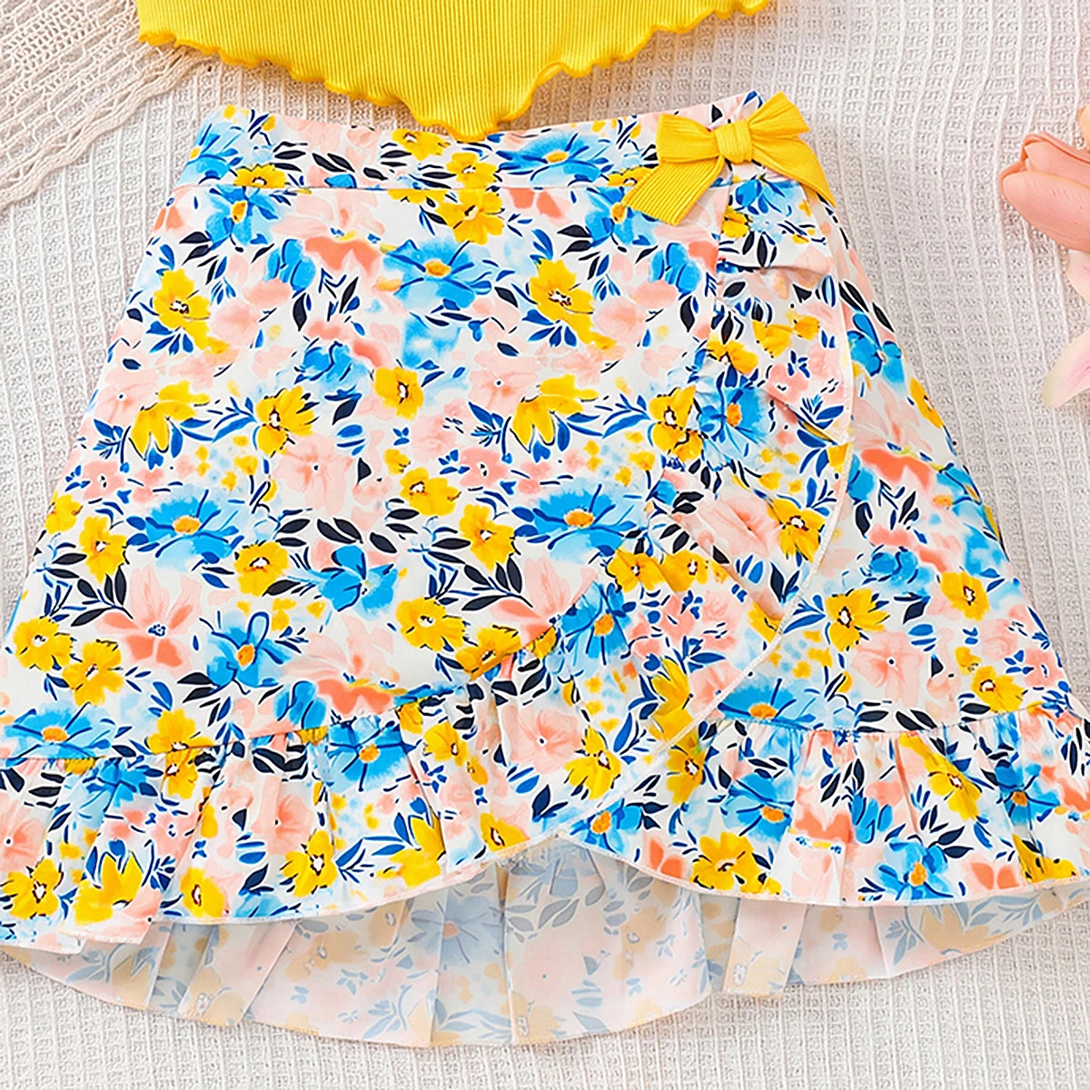 Girls Yellow Sleeveless Ribbed Top With Floral Print Skirt Sets 2 pc. Sets