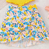 Girls Yellow Sleeveless Ribbed Top With Floral Print Skirt Sets 2 pc. Sets
