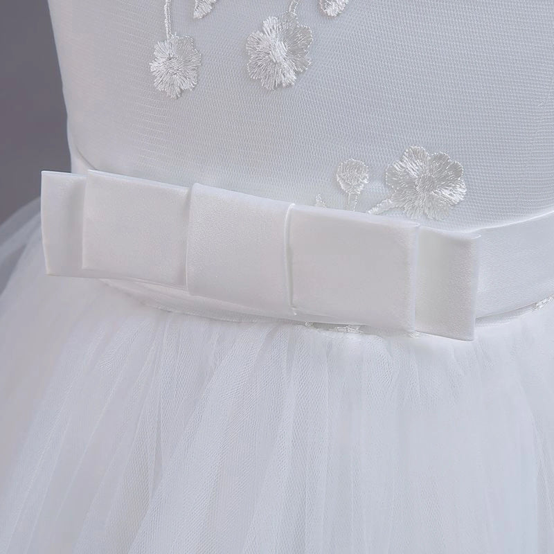 Girls White Embroidered Sleeveless Layered Party Dress With Bow Party Dresses
