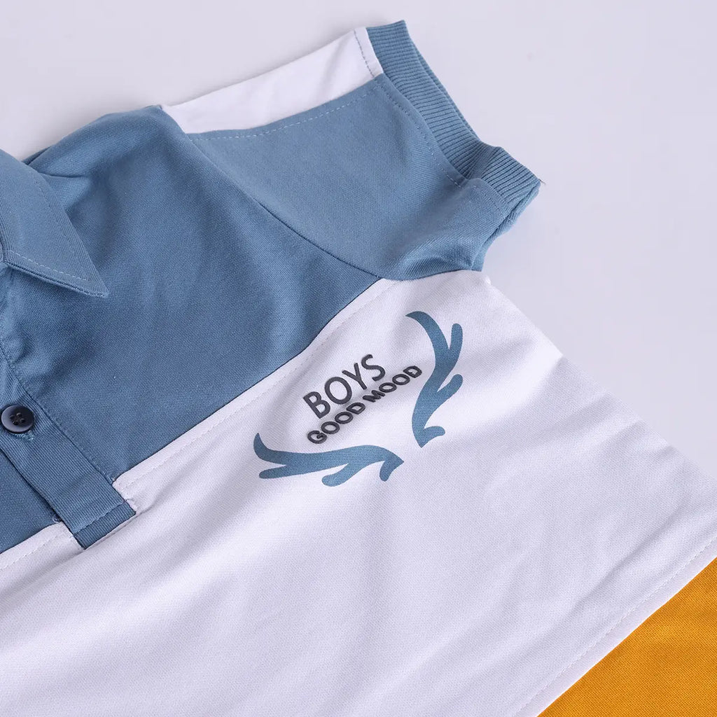 Boys Multicolor Typographic Printed Polo T-Shirt With Elasticated Shorts Sets Sets