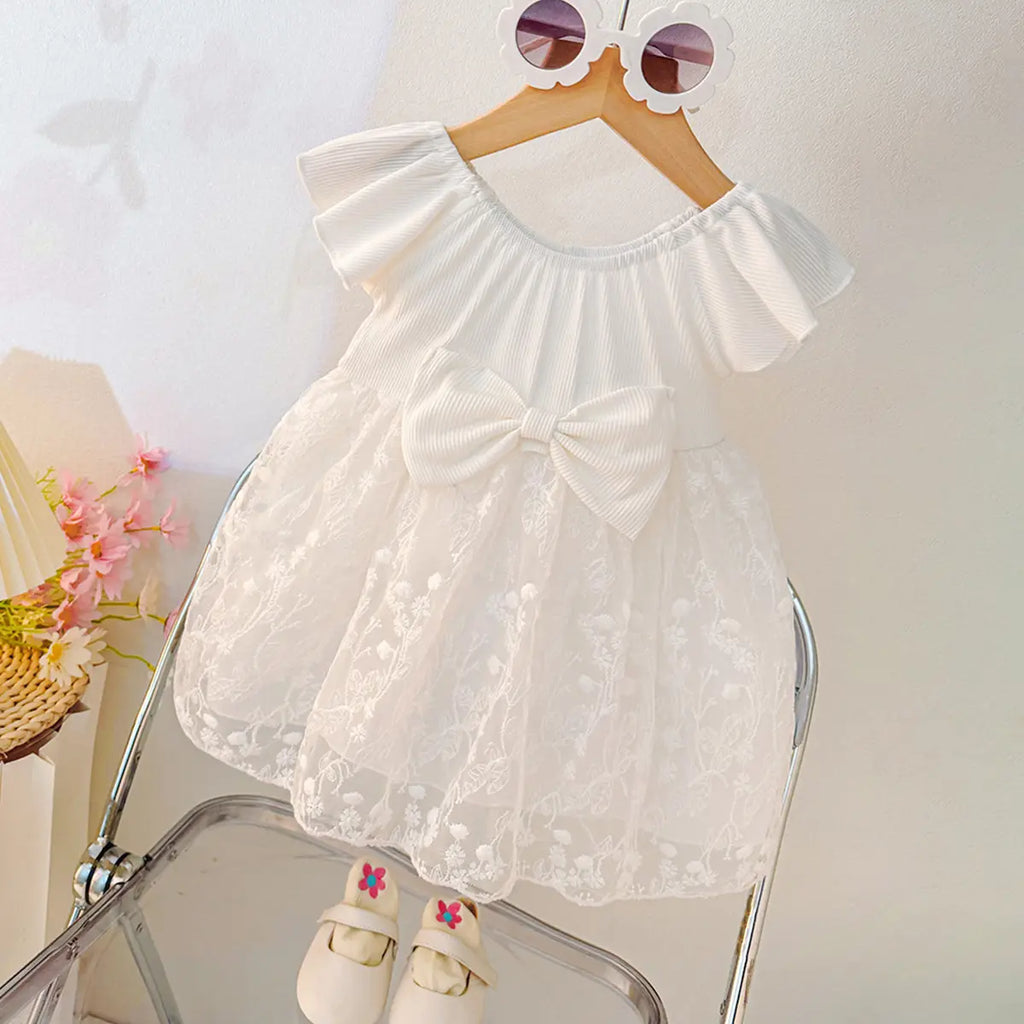 Girls White Floral Embroidery Lace Net Round Neck Fit & Flare Dress Casual Dresses White 1-2 Y