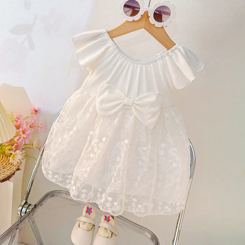 Girls White Floral Embroidery Lace Net Round Neck Fit & Flare Dress Casual Dresses White 1-2 Y