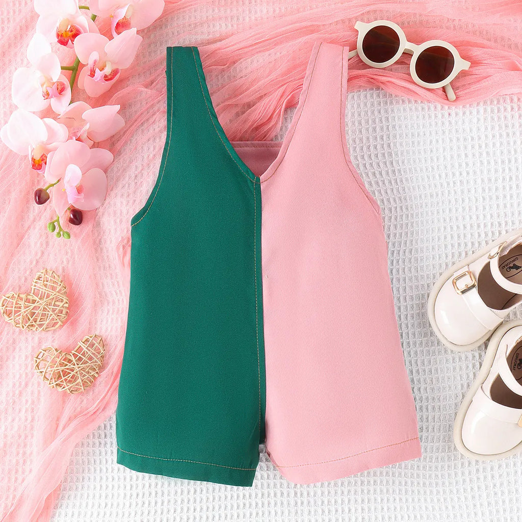 Girls Multicolor Colorblocked Square Neck Dungaree Jumpsuits