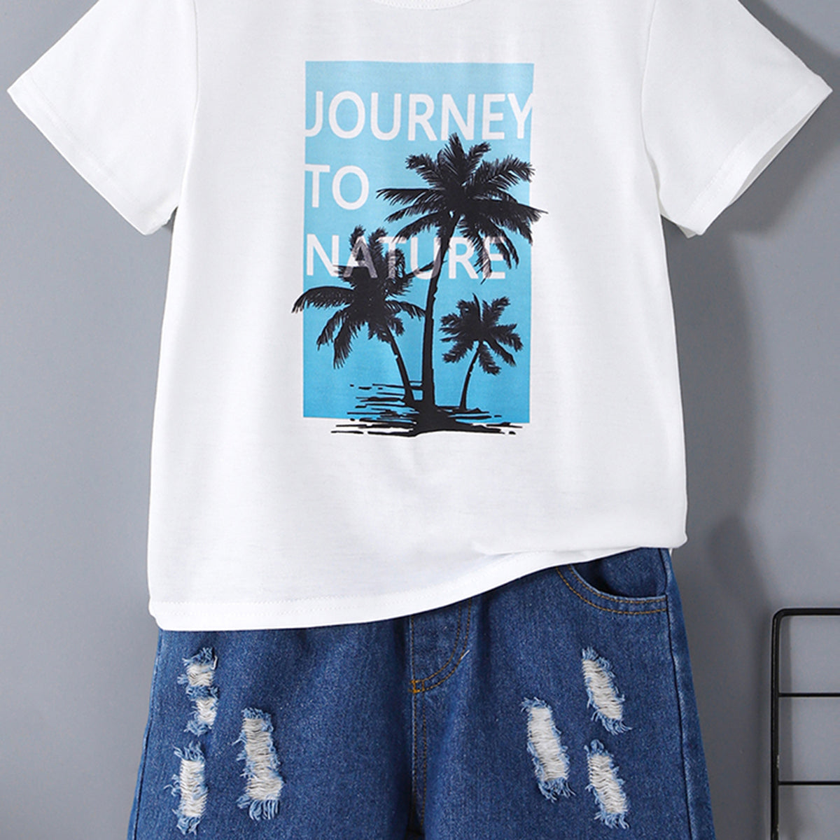 Boys White Tropical Graphic Print With Denim Shorts Set 2 pc. Sets