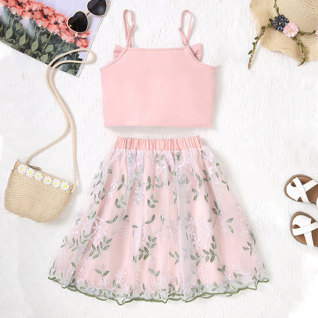 Girls Pink Shoulder Strap Crop Top With Floral Embroidered Skirt Set 2 pc. Sets