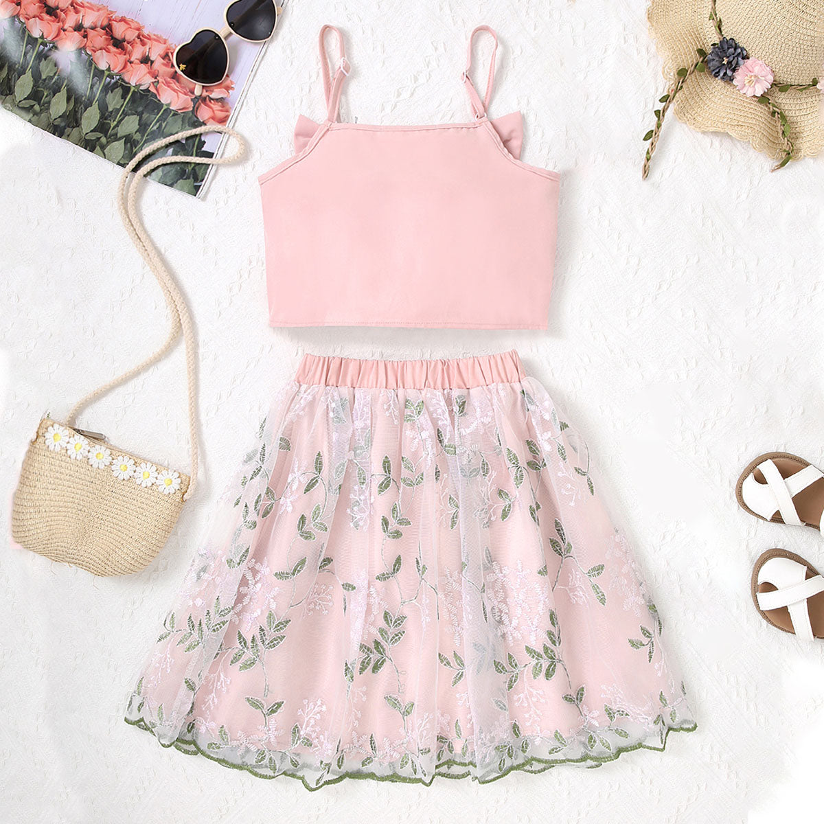Girls Pink Shoulder Strap Crop Top With Floral Embroidered Skirt Set 2 pc. Sets