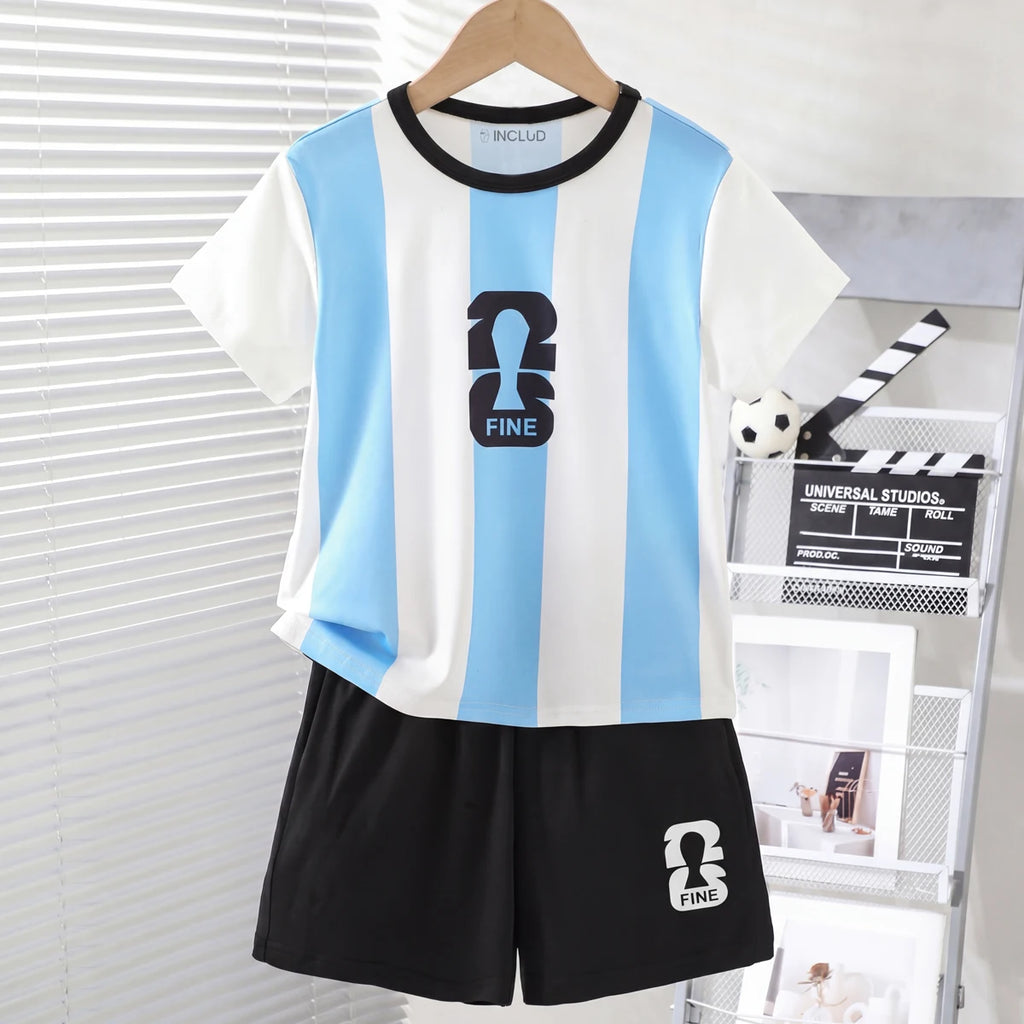 Boys White Striped Print Short Sleeve T-Shirt With Shorts Sets 2 pc. Sets White 3-4 Y