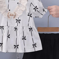 Girls Black Bow Print Puff Sleeve Top With Shorts Sets Sets
