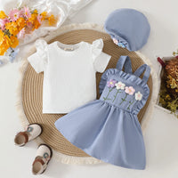 Girls Blue Flowers Applique Pinafore Dress With Short Sleeves Top Casual Dresses