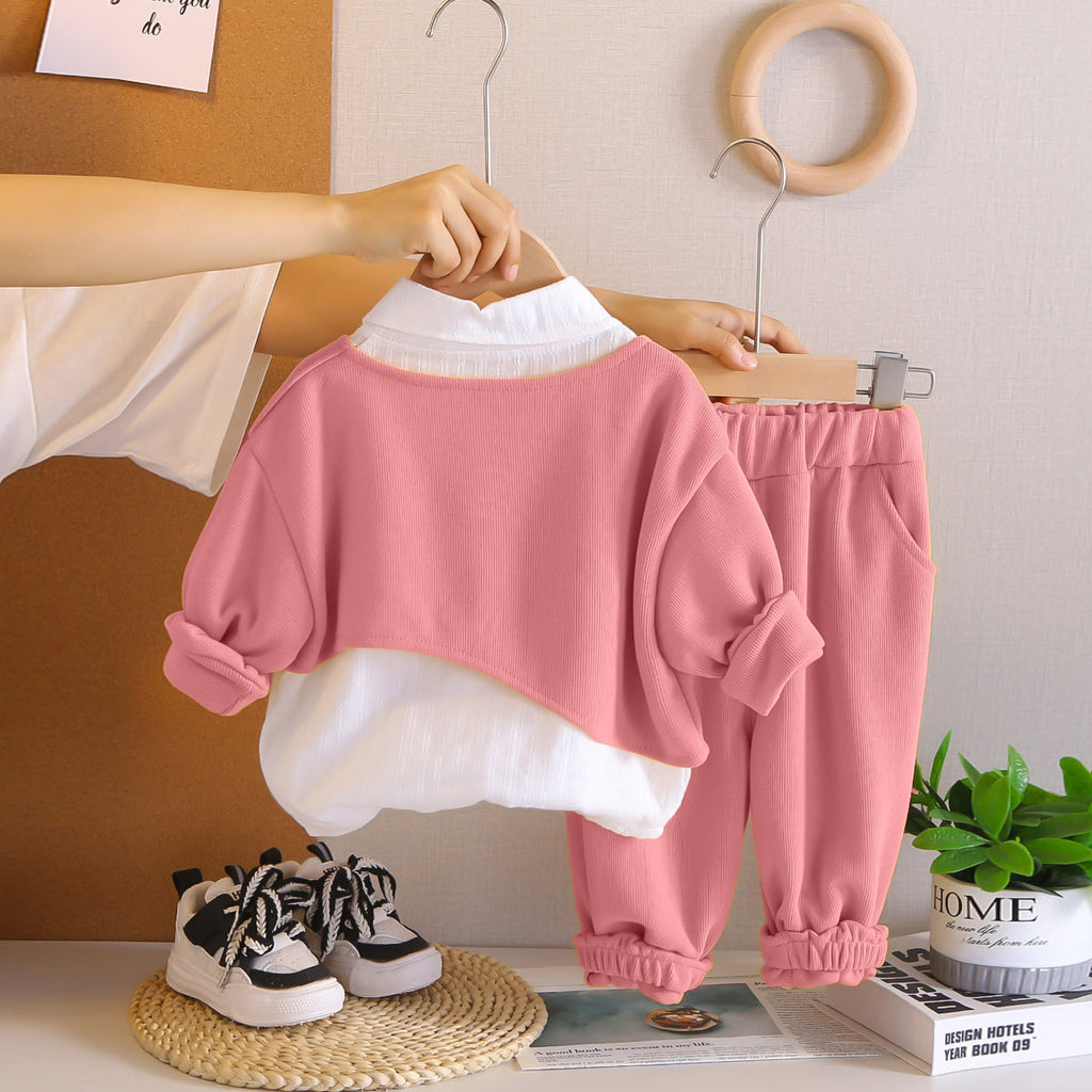 Girls Pink Embroidered Top With Striped Shirt & Joggers Set Sets