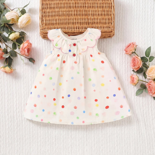 Girls Off White Polka Dot Printed Ruffle Collar A-Line Dress Casual Dresses Off White 1-2 Y