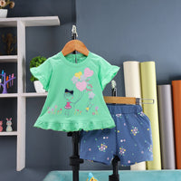 Girls Green Heart Graphic Puff Sleeve Top With Floral Shorts Sets Sets Green 1-2 Y