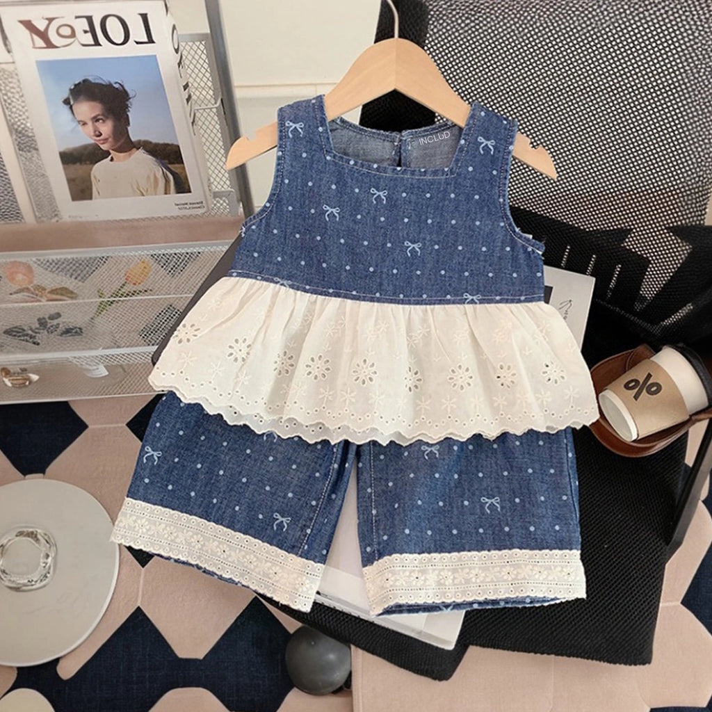 Girls Blue Polka Dot Print Sleeveless Peplum Top With Pants Sets 2 pc. Sets Blue 1-2 Y