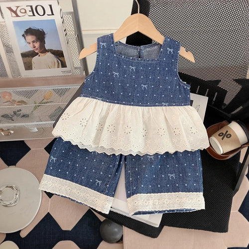 Girls Blue Polka Dot Print Sleeveless Peplum Top With Pants Sets 2 pc. Sets Blue 1-2 Y