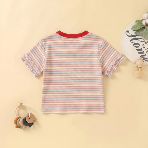 Girls Multicolor Puppy Striped Print Short Sleeve T-Shirt Tshirts