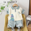 Boys Blue Dinosaur Printed Polo T-Shirt With Shorts Set Sets Blue 1-2 Y