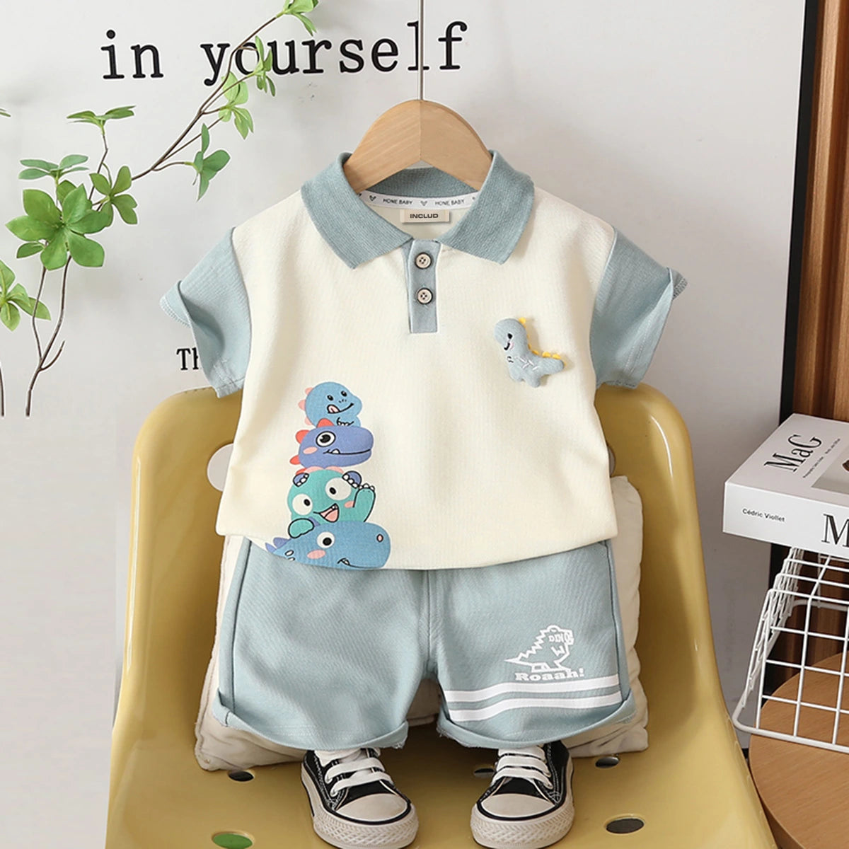 Boys Blue Dinosaur Printed Polo T-Shirt With Shorts Set Sets Blue 1-2 Y