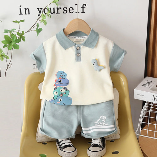Boys Blue Dinosaur Printed Polo T-Shirt With Shorts Set Sets Blue 1-2 Y
