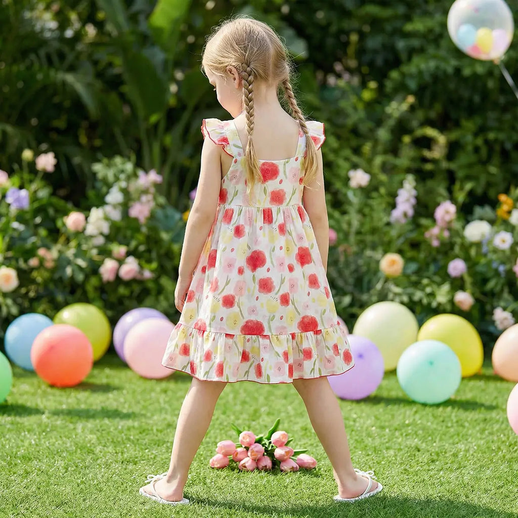 Girls Red Floral Print Tiered Dress With Flutter Sleeves Casual Dresses