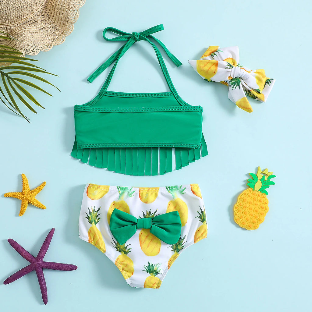 Girls Green Halter Top With Pineapples Print Briefs & Headband Swimwear Sets Sets