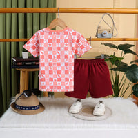 Boys Red Typographic Printed Short Sleeve T-Shirt With Drawstring Shorts Sets Sets