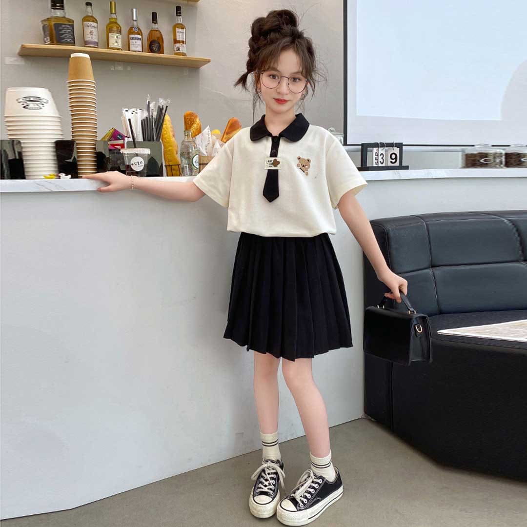 Girls Short Sleeve Polo T-Shirt With Pleated Skirt Set Sets   