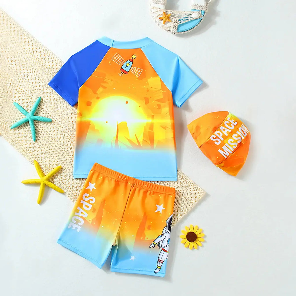 Boys Orange Space Themed Short Sleeves T-Shirt & Shorts With Cap Swimsuit Sets Sets