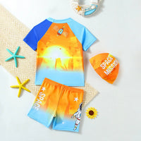 Boys Orange Space Themed Short Sleeves T-Shirt & Shorts With Cap Swimsuit Sets Sets