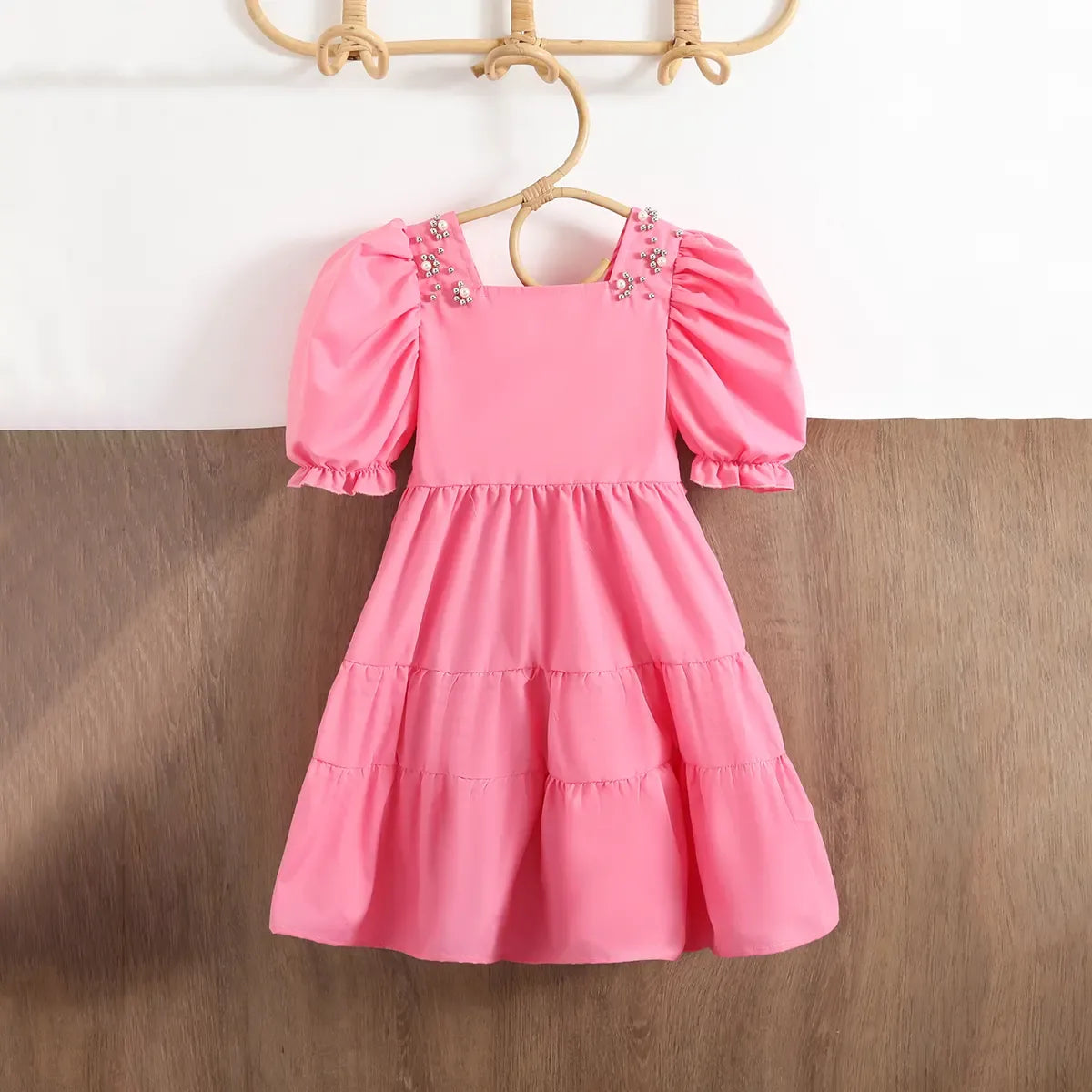 Girls Pink Embellished Puff Sleeve Tiered Dress Casual Dresses Pink 3-4 Y