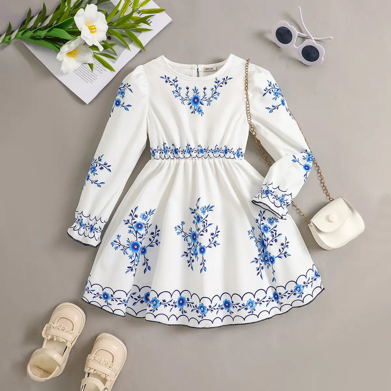 Girls White Floral Printed Long Sleeves Fit & Flare Dress – INCLUD