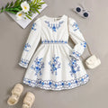Girls White Floral Printed Long Sleeves Fit & Flare Dress Casual Dresses White 3-4 Y