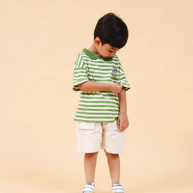 Boys Green Horizontal Striped Polo T-Shirt With Shorts Set 2 pc. Sets