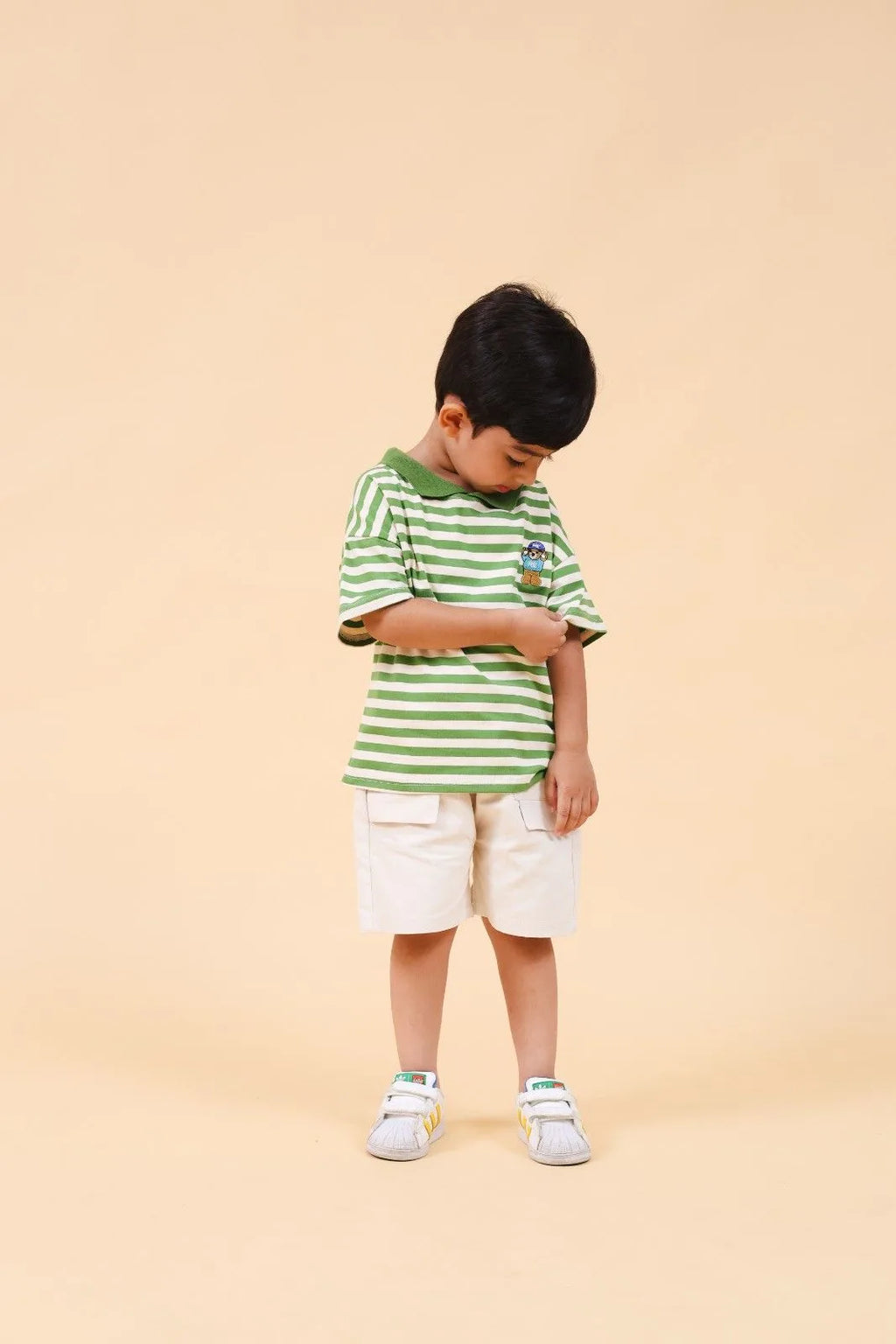 Boys Green Horizontal Striped Polo T-Shirt With Shorts Set 2 pc. Sets