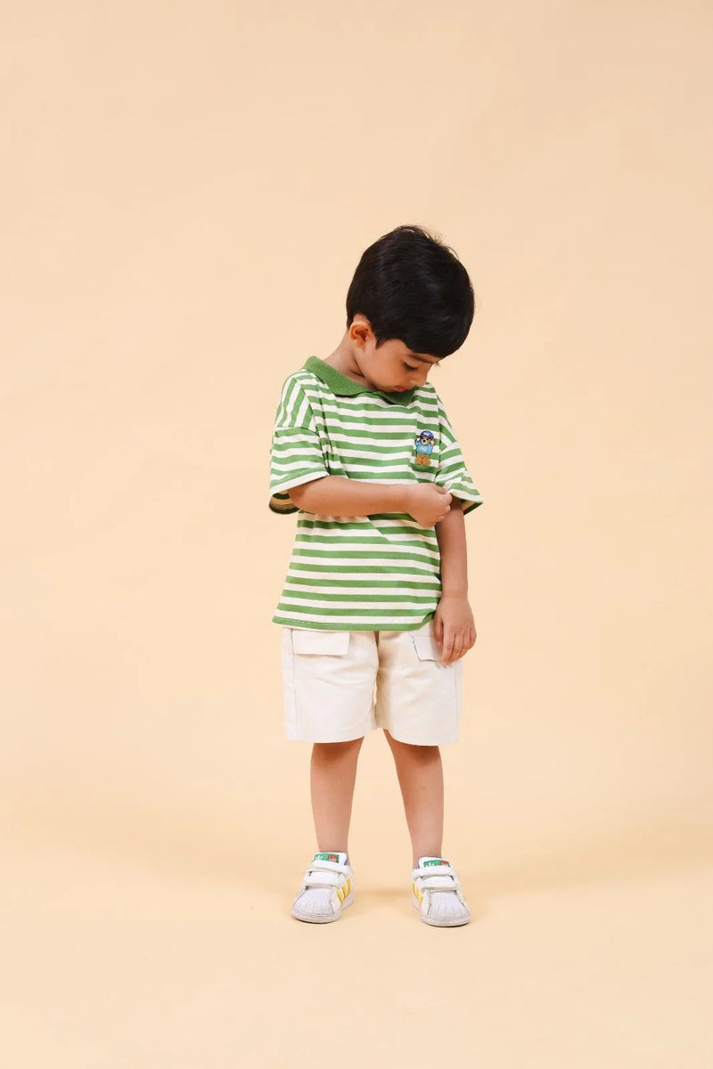Boys Green Horizontal Striped Polo T-Shirt With Shorts Set 2 pc. Sets