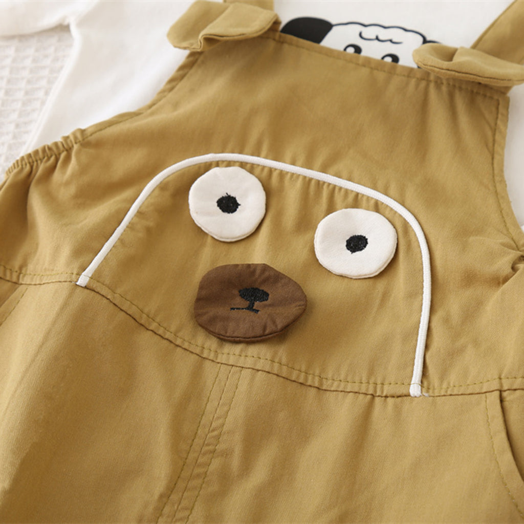 Boys Khaki Dog Patched Dungaree With T-Shirts Set 2 pc. Sets