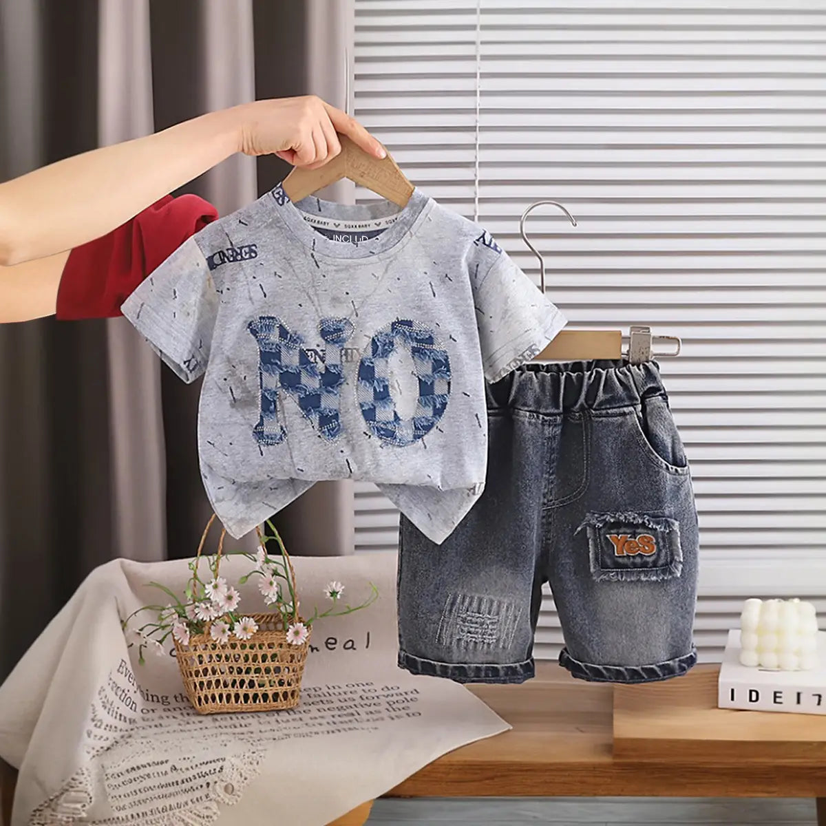 Boys Grey Typographic Print T-Shirt With Denim Shorts Sets Sets Grey 1-2 Y