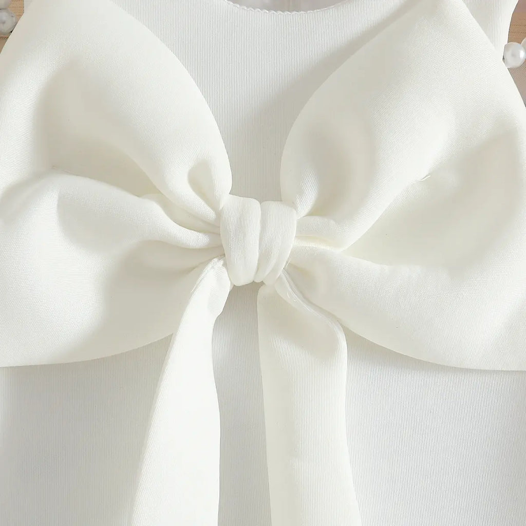 Girls White Sleeveless Large Bow Applique A-line Party Wear Dress Party Dresses