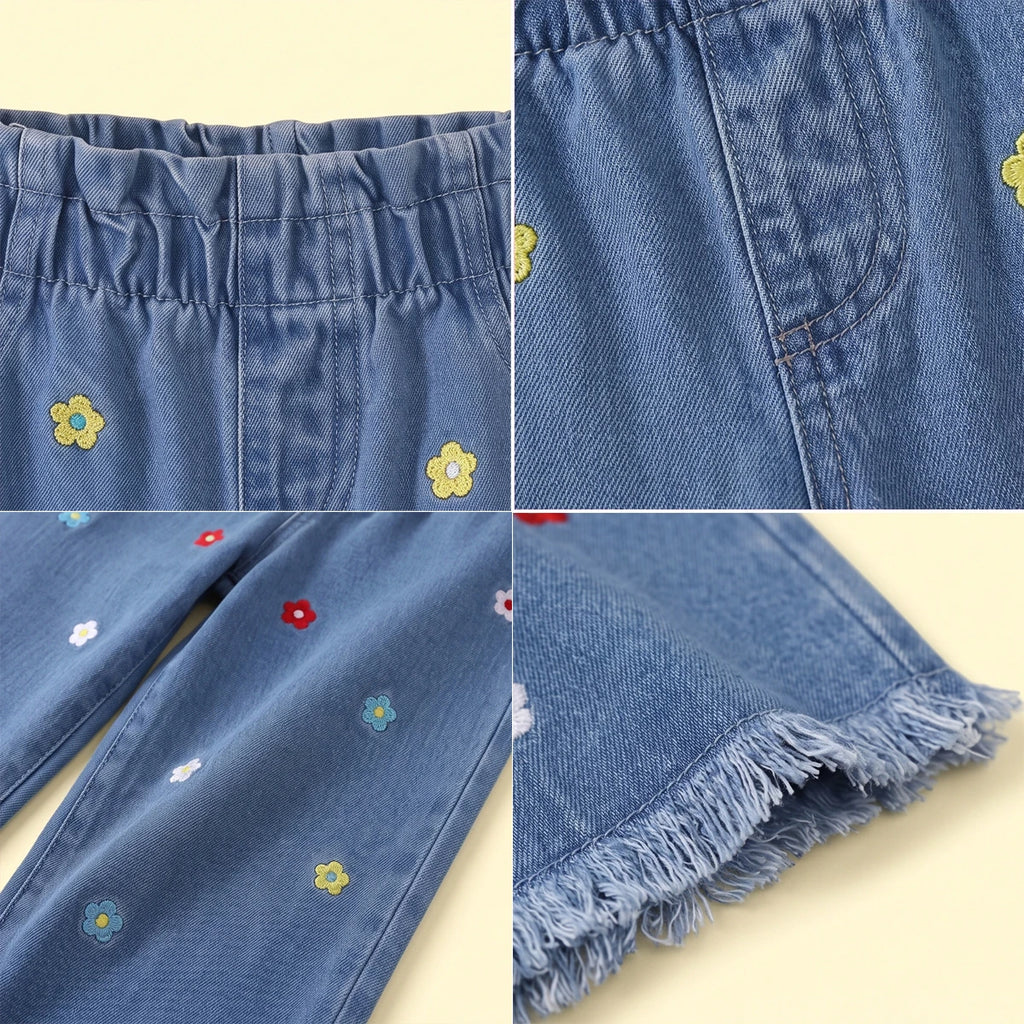 Girls Blue Floral Embroidered Jeans Jeans