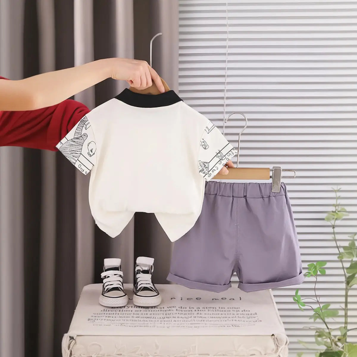Boys Beige Printed Short Sleeve Polo T-Shirt With Elasticated Shorts Sets 2 pc. Sets