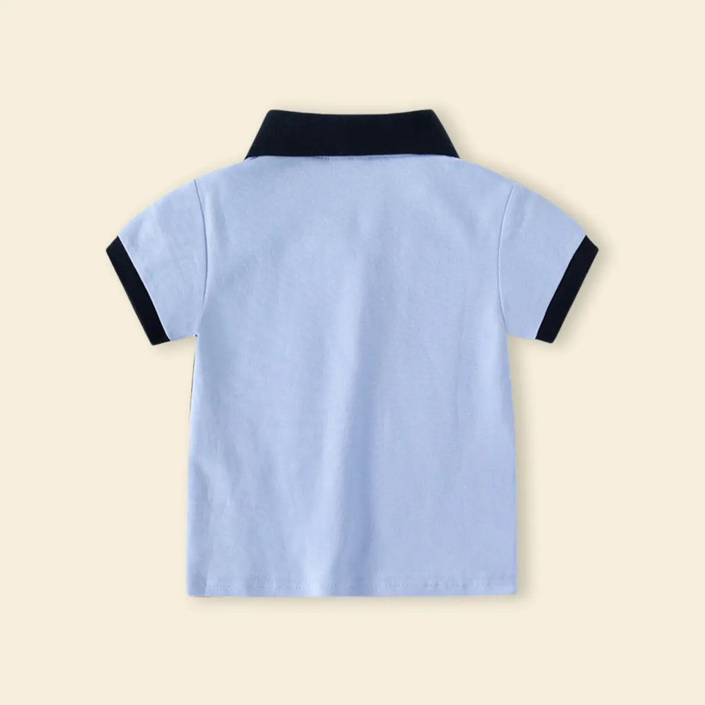 Boys Sky Blue Color-blocked Polo T-Shirt With Short Sleeves Tshirts