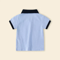 Boys Sky Blue Color-blocked Polo T-Shirt With Short Sleeves Tshirts