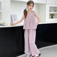 Girls Purple Sleeveless A-line Top With Pants Co-ord Sets Sets