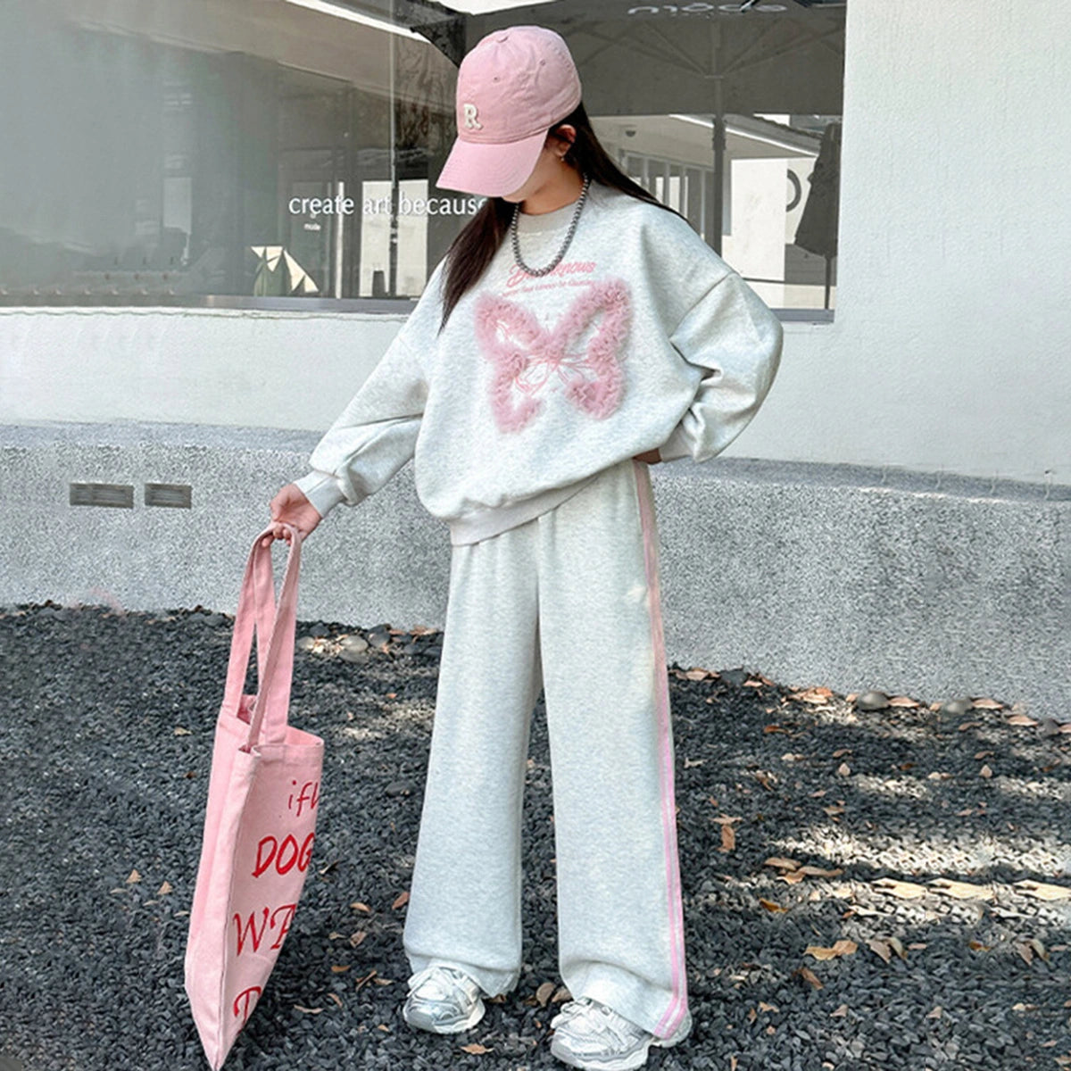 Girls Light Grey Butterfly Applique Oversized Sweatshirt With Pants Sets Sets Light Grey 5-6 Y