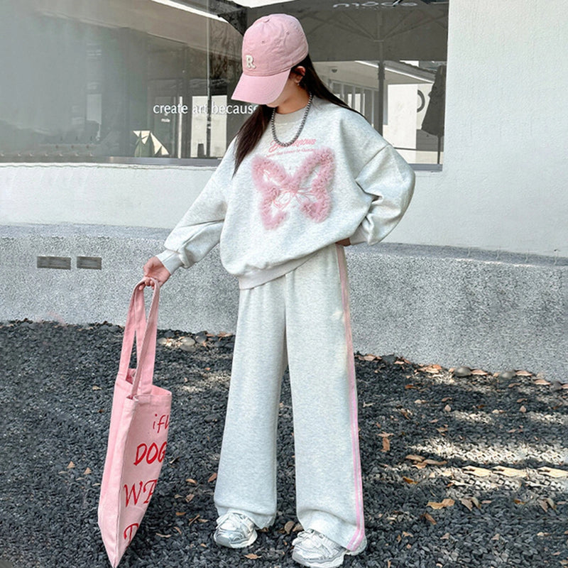 Girls Light Grey Butterfly Applique Regular Sweatshirt With Pants Sets Sets Light Grey 5-6 Y