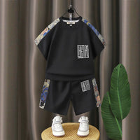 Boys Black Abstract Print Raglan Sleeves T-Shirt With Shorts Co-ord Sets Sets