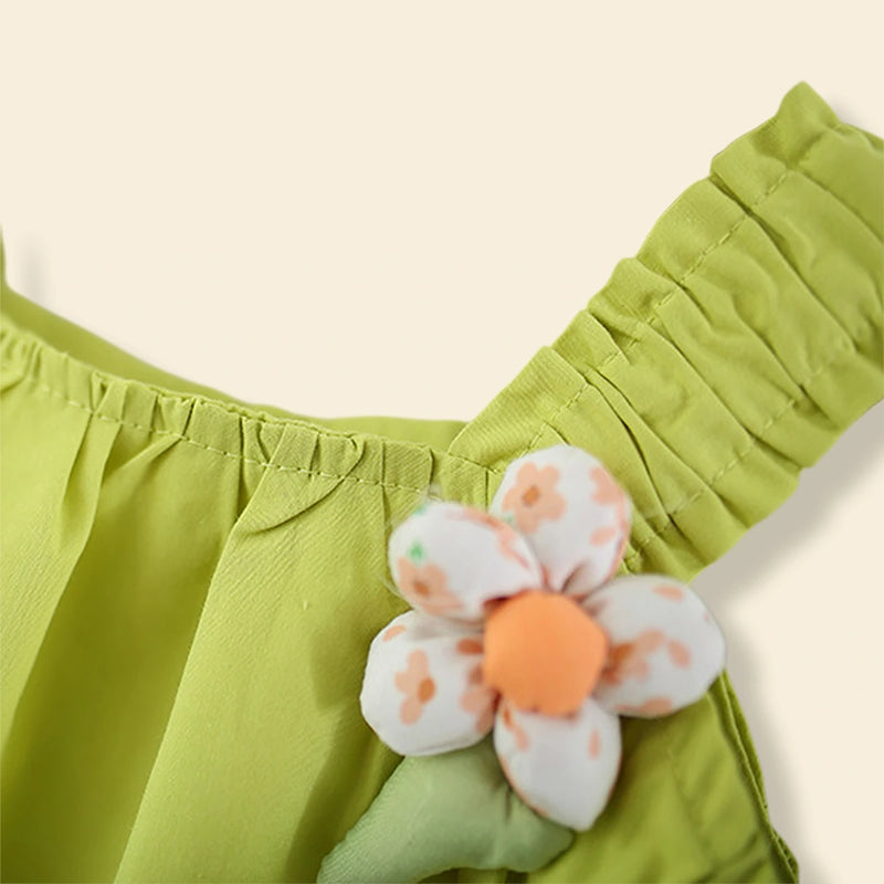Girls Lime Green 3D Flower Applique Ruffle Top With Shorts Sets Sets