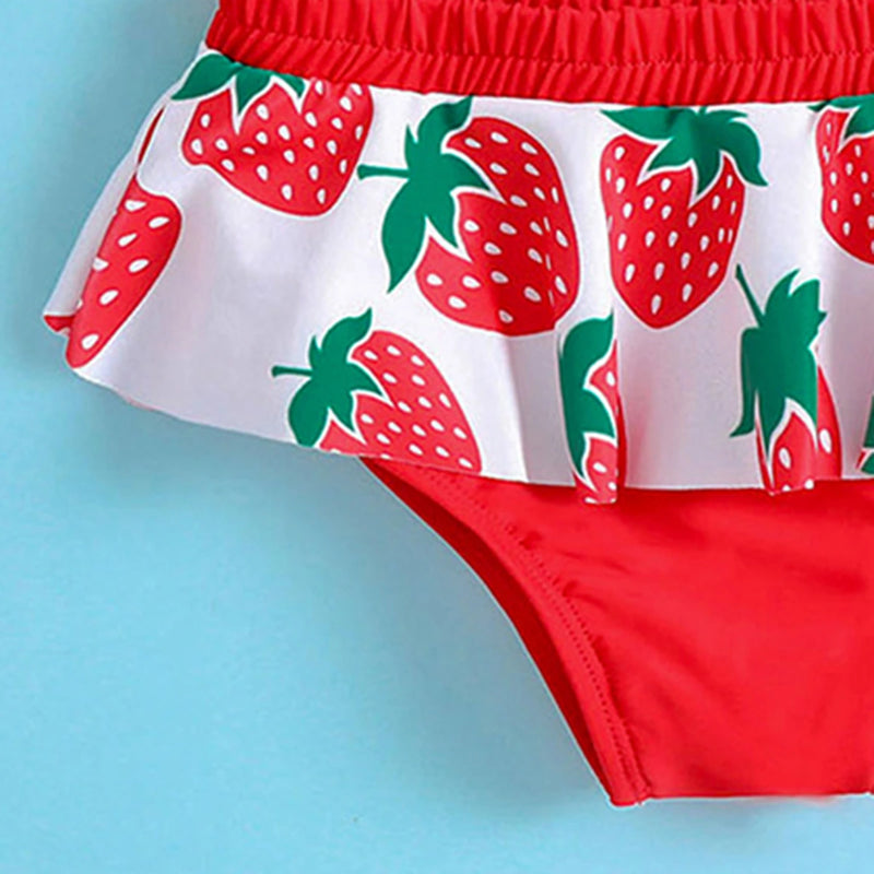 Girls Red Strawberry Printed Top With Ruffled Briefs Swimwear Sets Sets